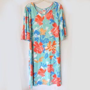 SALE Ruby Rd Favorites Large L Floral Sheath Dress Ruffle Sleeves Stretch Aqua